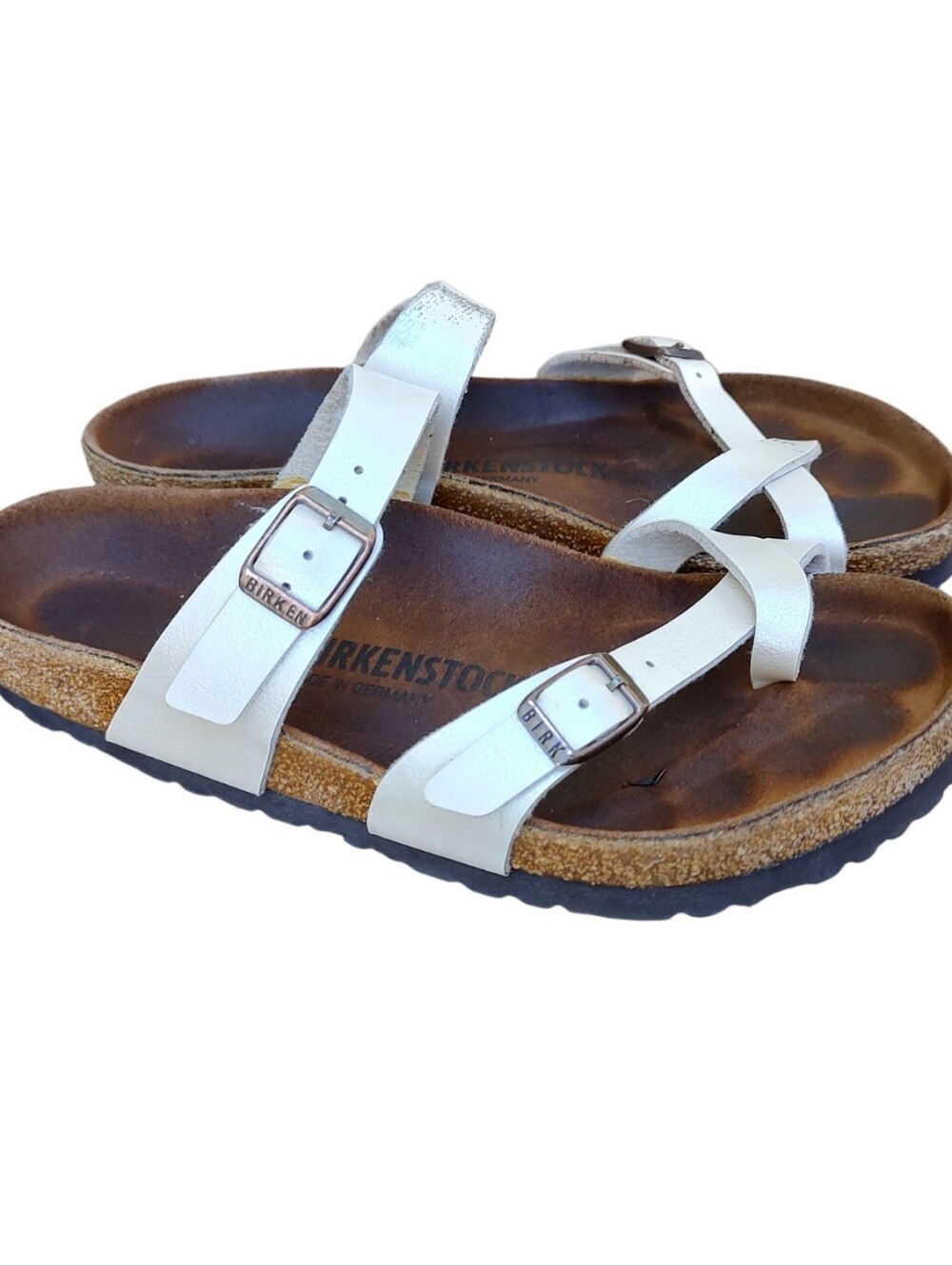 Birkenstock Mayari Pearl White Double Strap Buckle Cork Sandals - Women - Picture 3 of 6